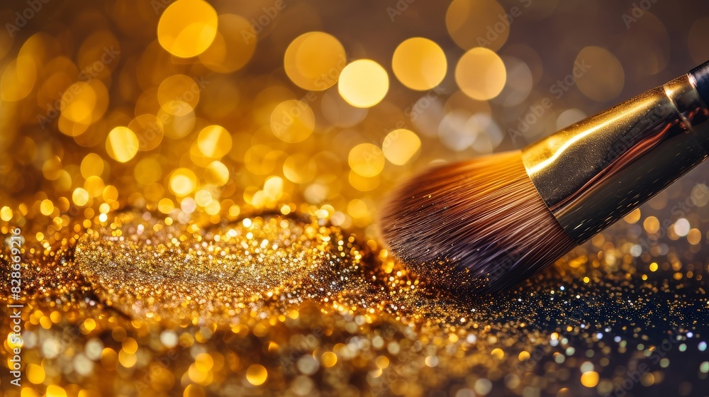 Fototapeta premium Heart shaped makeup brush creating a cosmetic design on a background of gold glitter