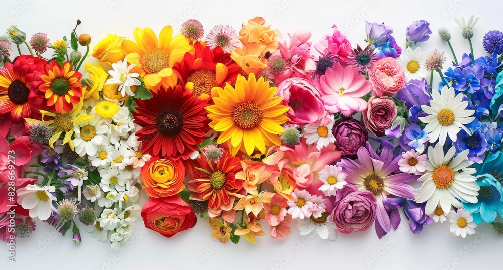 A colorful bouquet of flowers arranged in a row A colorful bouquet of flowers arranged in a row