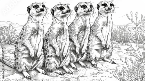 coloring book Four meerkats standing on the ground, looking around.