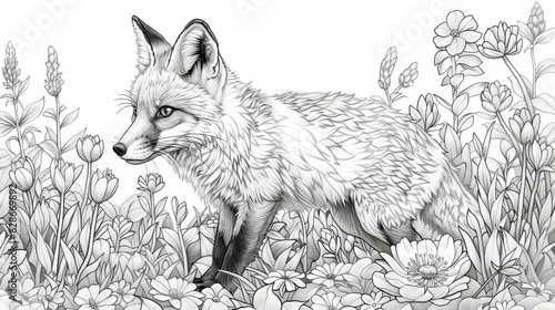 coloring book The black and white image shows a fox in a field of flowers