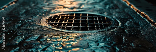 Metal manhole grill on a wet city street, with raindrops and puddles around it photo