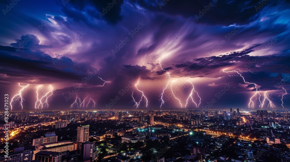 Multiple lightning strikes during a thunderstorm over the city