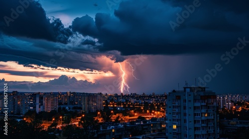 Multiple lightning strikes during a thunderstorm over the city