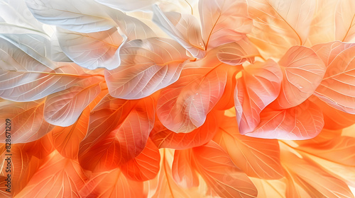 A tight shot of leaves against a white and orange backdrop The upper portions of the leaves are softly blurred