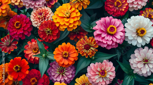 Beautiful colorful zinnia and dahlia flowers in full bloom, close up. Natural summery texture for background.
