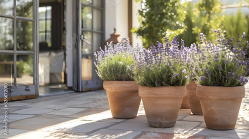 Aromatic Lavender Plants Thrive in Sunlit Patio Pots, Showcasing Summer's Drought-Tolerant Beauty