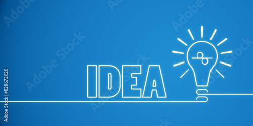 Neon sign of a light bulb with the word IDEA on a blue background, symbolizing creativity and inspiration. 3D Rendering
