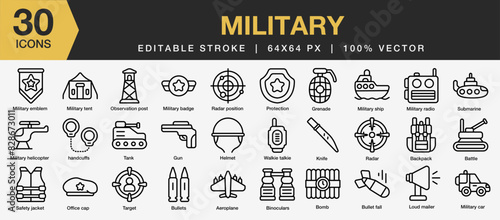 Set of 30 Military icon set. Editable Stroke Icon Collection. Includes knife, tank, gun, bomb, submarine, plane, and More. Outline icons vector collection.