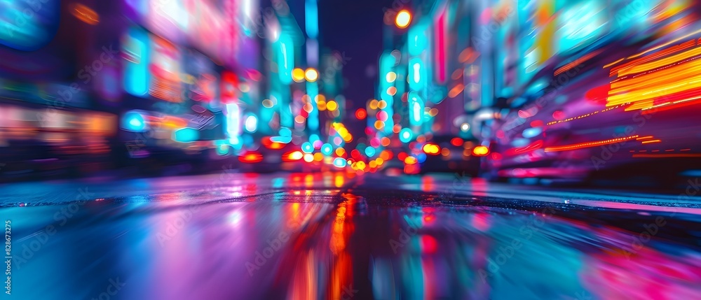 Fototapeta premium Blurred Neon Lights and Rapid Motion on a Thrilling City Street at Night