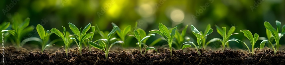 A row of young Rice sprouts are growing in the soil, with their roots visible and surrounded by lush green grass. The background is blurred to emphasize them, and they appear vibrant against the dark A row of young Rice sprouts are growing in the soil, with their roots visible and surrounded by lush green grass. The background is blurred to emphasize them, and they appear vibrant against the dark