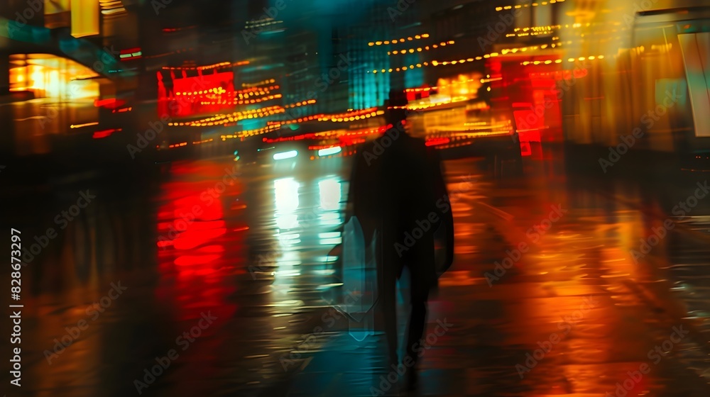 Blurred Nighttime City Street with Vibrant Neon Lights and Silhouetted Figures in Motion