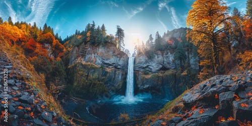 Multnomah Falls in Oregon USA skyline panoramic view