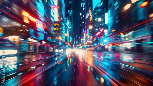 Blurry Night City Street with Neon Drenched Lights and Dramatic Motion Perspective