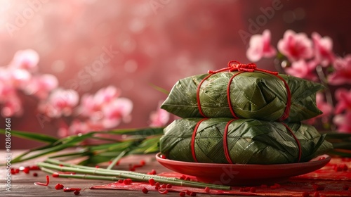 dragon boat festival set up with zongzi in bamboo leaves on red table, representing traditional chinese celebration photo
