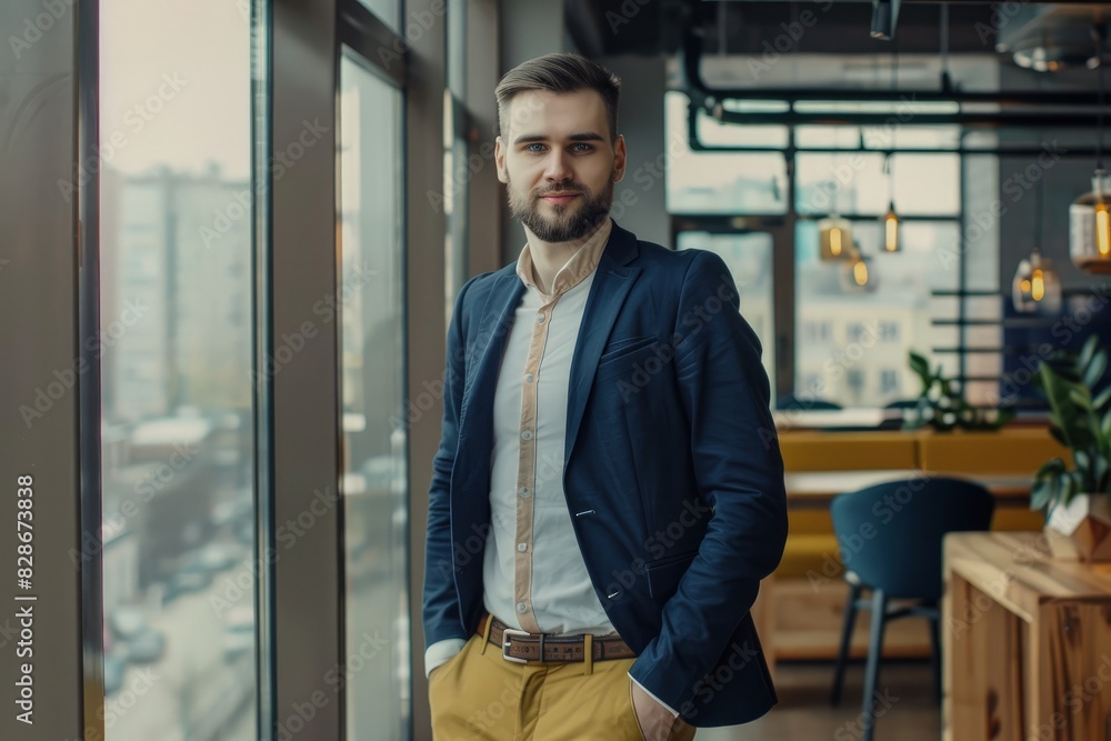 a businessman poses against the backdrop of a contemporary startup office. His confident demeanor reflects ambition and innovation in the corporate world a businessman poses against the backdrop of a contemporary startup office. His confident demeanor reflects ambition and innovation in the corporate world