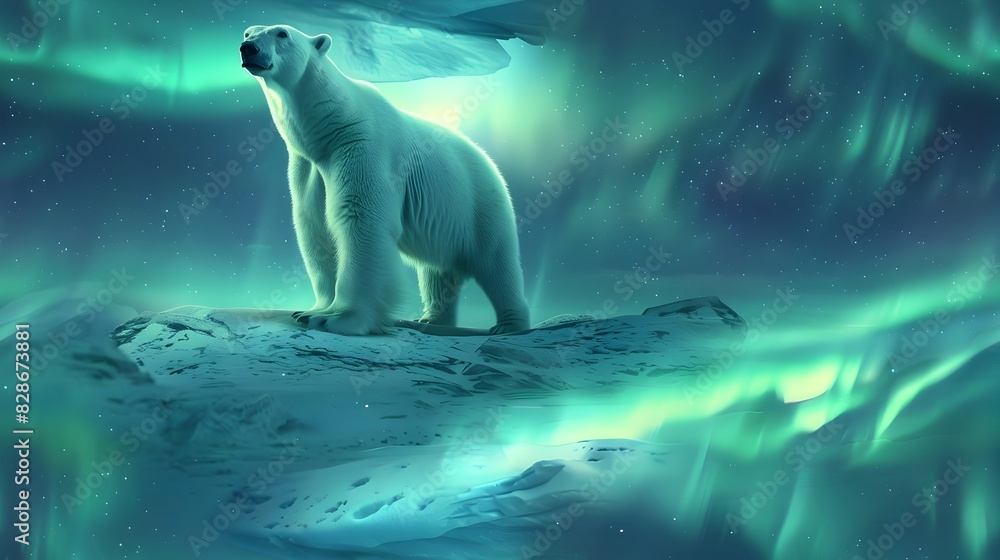 Obraz premium Majestic Polar Bears Silhouetted Against the Mesmerizing Aurora Borealis in Epic Cinematic Landscape