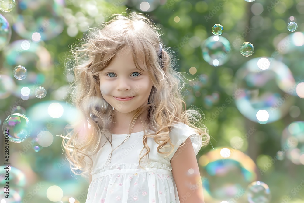 child playing with soap bubbles in the park on a summer day child playing with soap bubbles in the park on a summer day