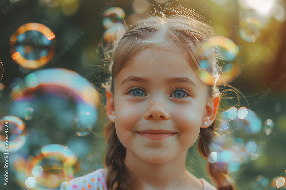 Fototapeta premium child playing with soap bubbles in the park on a summer day