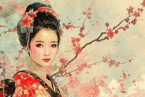 An illustration of a beautiful Japanese woman wearing a kimono with cherry blossoms in the background photo