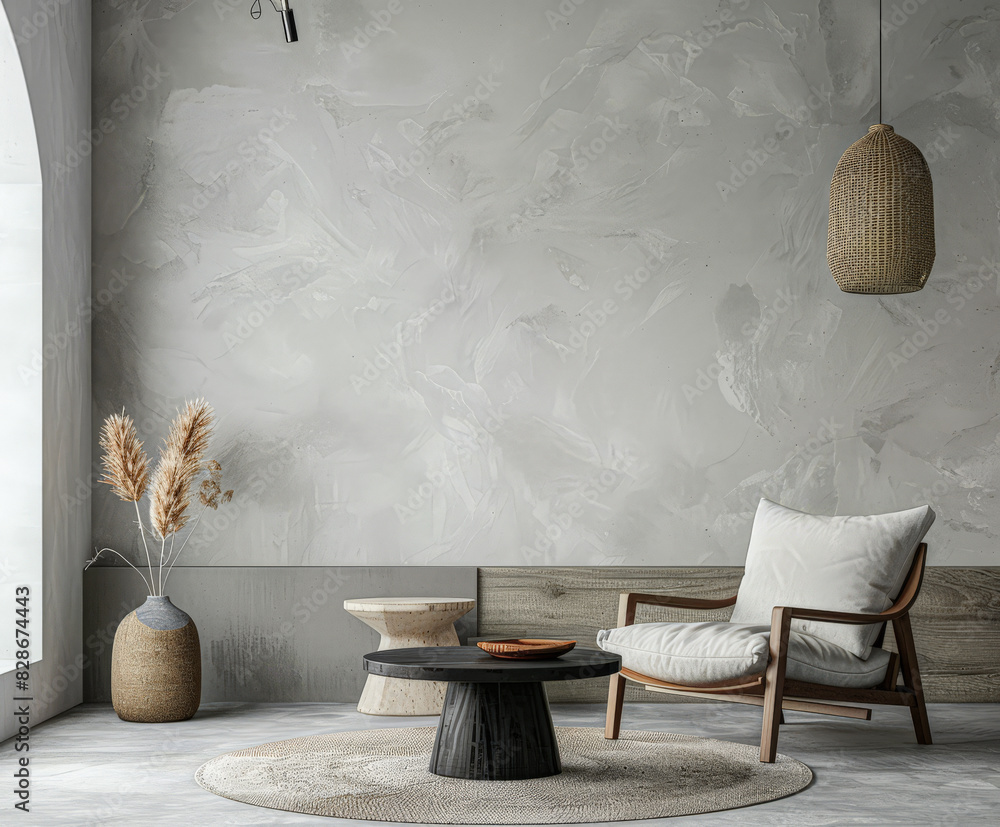 Obraz premium Modern interiors with minimalistic decoration and minimal furniture. Interior design composition with natural window lighting and copyspace for text