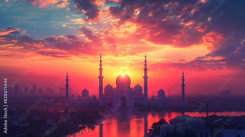 celebrate eid al-adha with a vibrant banner featuring a detailed mosque silhouette set against a colorful sunset sky, embodying the spirit of this islamic festival celebrate eid al-adha with a vibrant banner featuring a detailed mosque silhouette set against a colorful sunset sky, embodying the spirit of this islamic festival