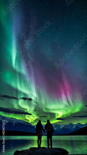 Silhouette of a loving couple holding hands by a calm lake with the beautiful northern lights dancing in the evening sky