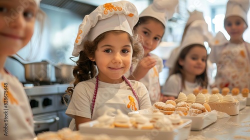 Fun cooking class for kids, with young chefs wearing aprons and hats, enthusiastically decorating cookies and baking treats