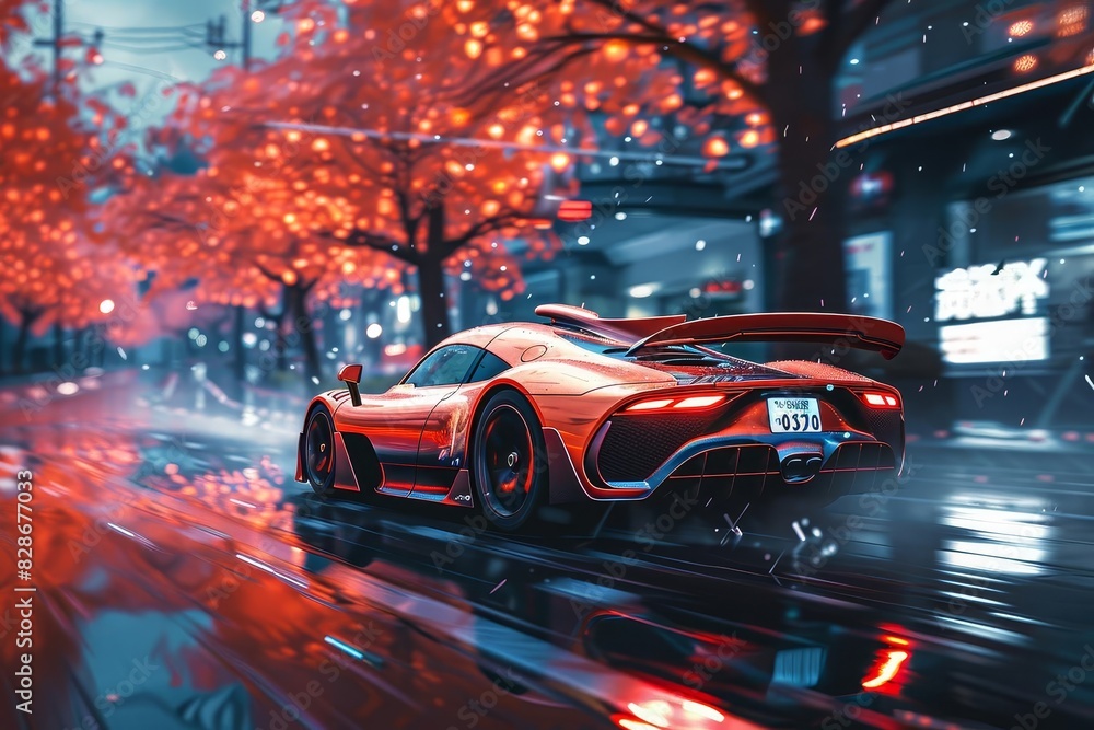 Fototapeta premium A red sports car drives through a city street