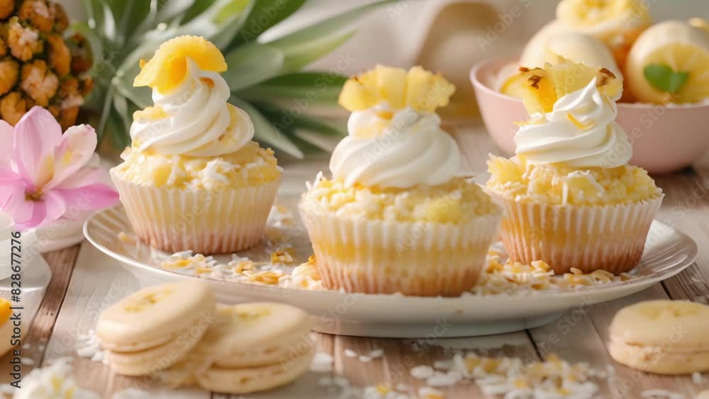 An island escape of flavors with coconut pineapple upsidedown cupcakes pineapple coconut rice pudding and banana coconut macarons. An island escape of flavors with coconut pineapple upsidedown cupcakes pineapple coconut rice pudding and banana coconut macarons.