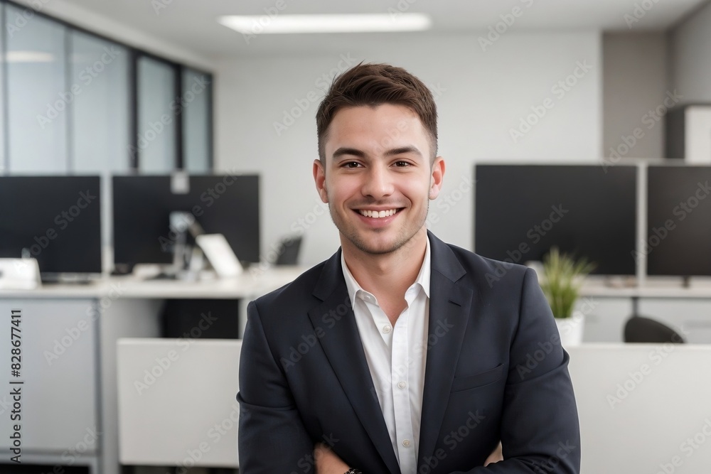 Happy male office worker working in a positive work environment with copy space. Happy male office worker working in a positive work environment with copy space.