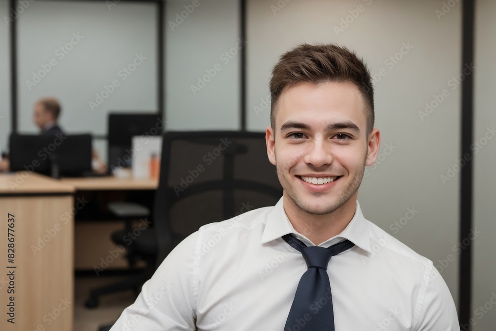 Happy male office worker working in a positive work environment with copy space. Happy male office worker working in a positive work environment with copy space.