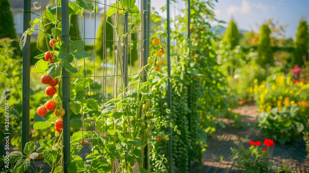Obraz premium Maximizing Summer Delights: A Vertical Garden Setup Brimming with Climbing Vegetables
