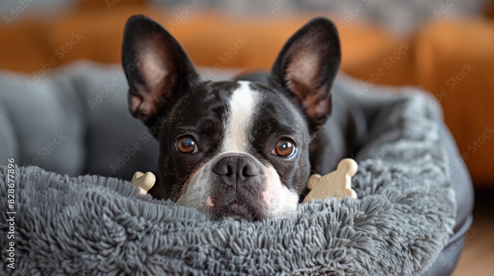 sweet image of a boston terrier relaxing on a plush dog bed with a toy bone, highlighting the charm of having a pet sweet image of a boston terrier relaxing on a plush dog bed with a toy bone, highlighting the charm of having a pet