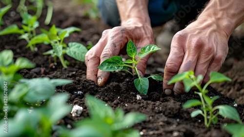 Nurturing Summer Vegetable Garden: Gardener's Hands Plant Seedlings in Rich Soil