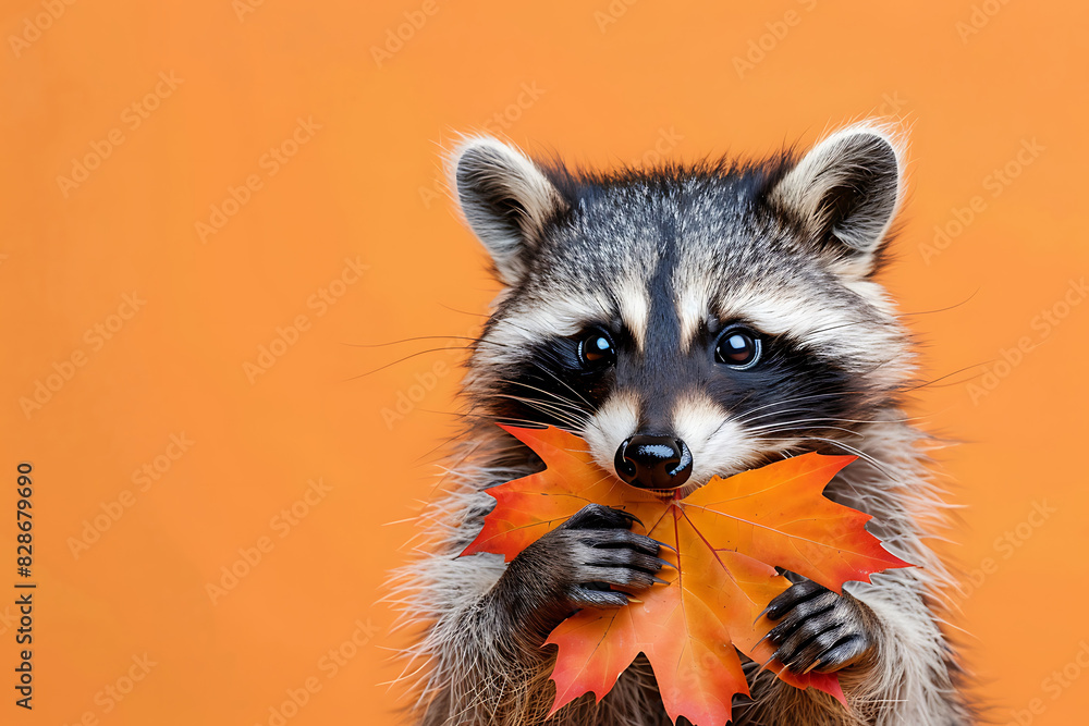 funny animal raccoon with maple leaf isolated on color background funny animal raccoon with maple leaf isolated on color background
