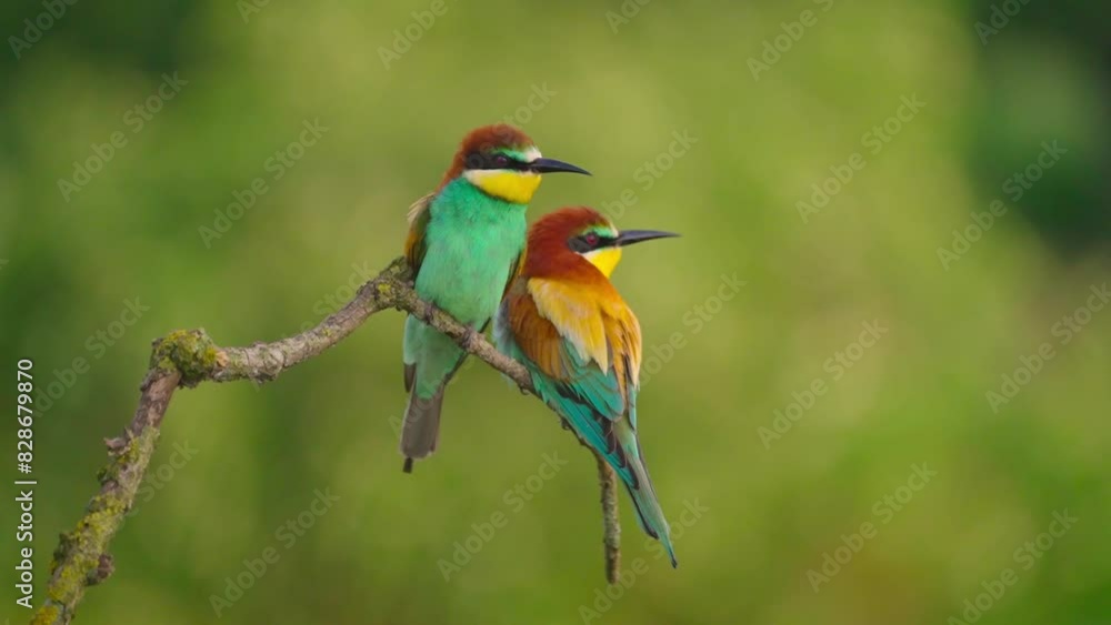 The European bee-eater (Merops apiaster), video of a beautifully coloured bird sitting on a branch with greenery in the background. The European bee-eater (Merops apiaster), video of a beautifully coloured bird sitting on a branch with greenery in the background.