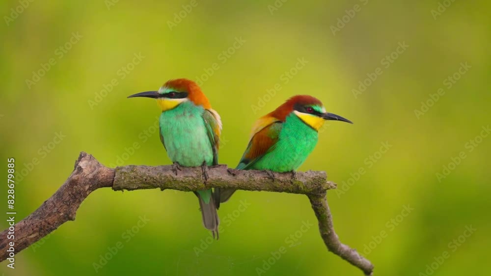 The European bee-eater (Merops apiaster), video of a beautifully coloured bird sitting on a branch with greenery in the background. The European bee-eater (Merops apiaster), video of a beautifully coloured bird sitting on a branch with greenery in the background.