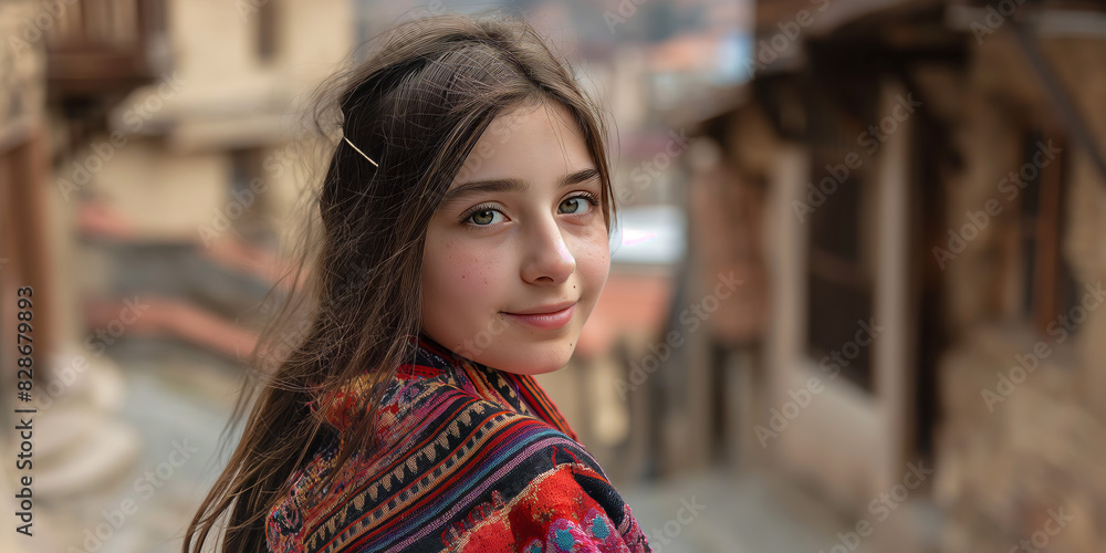 Fototapeta premium Young girl smiling gently, clad in traditional embroidered attire on an old town street