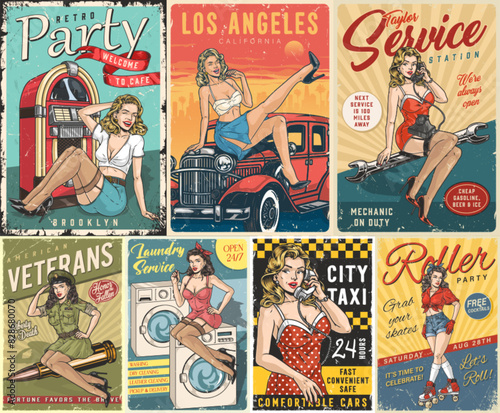 Pinup women set poster colorful