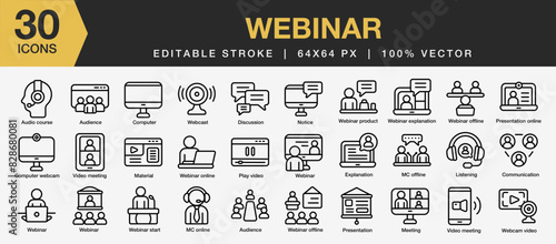 Set of 30 Webinar icon set. Editable Stroke Icon Collection. Includes audience, presentation, meeting, listening, seminar, explanation, and More. Outline icons vector collection.
