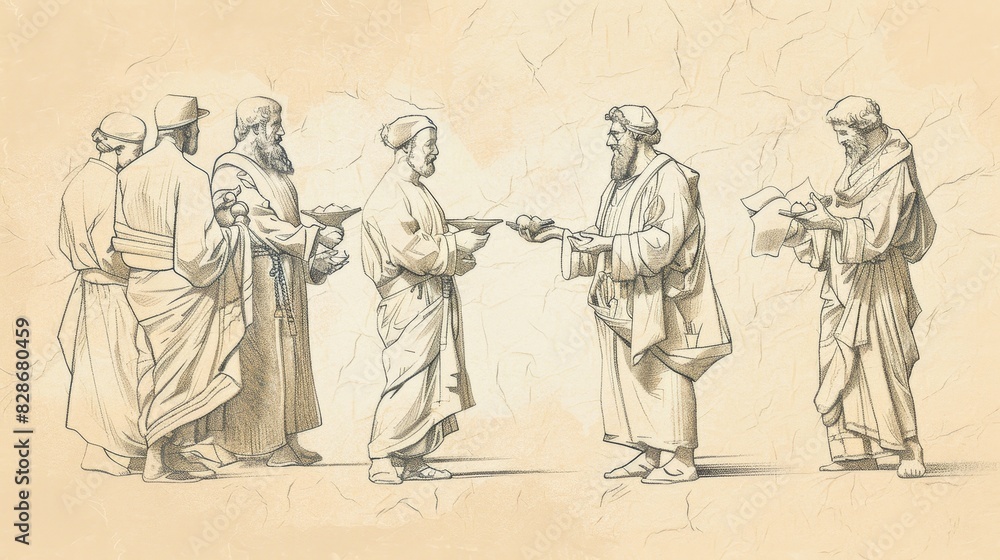 Fototapeta premium Servants Investing Gold Coins in Parable of Talents, Different Results, Biblical Illustration, Beige Background, Copyspace