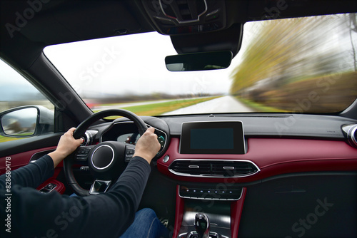 Woman driving a car fast. Driving a car.