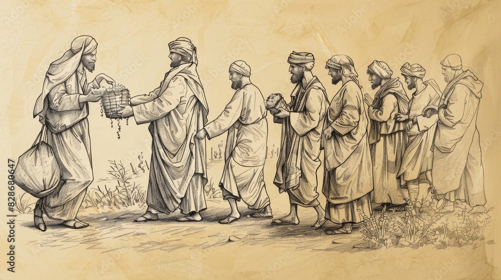 Fototapeta premium Parable of Vineyard Laborers, Workers Paid Day’s Wage, Biblical Illustration, Beige Background, Copyspace