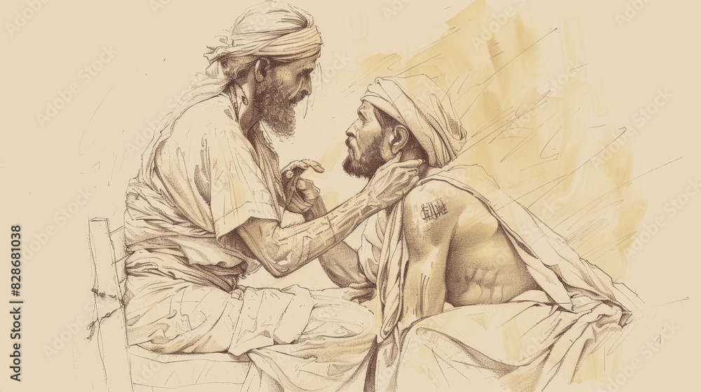 Samaritan Helping Injured Man on Roadside, Biblical Illustration, Beige Background, Copyspace Samaritan Helping Injured Man on Roadside, Biblical Illustration, Beige Background, Copyspace