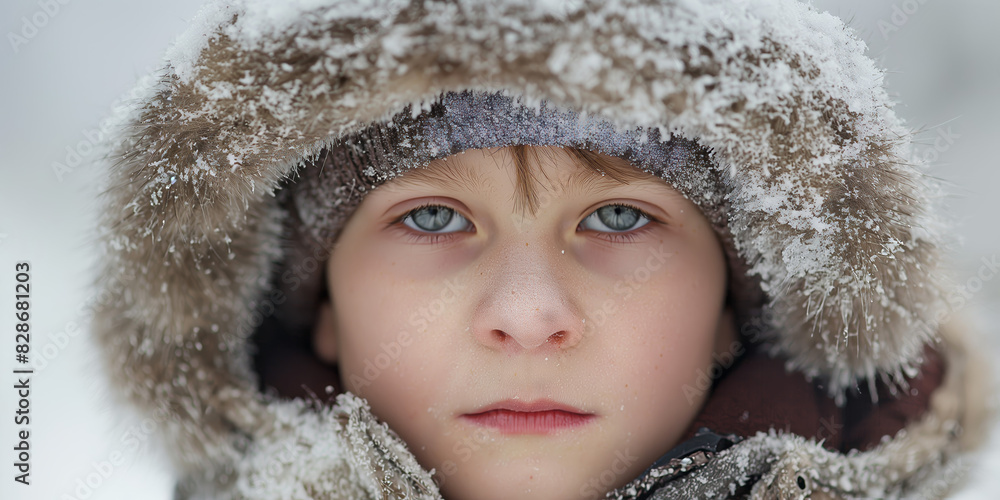 A contemplative child wearing a snow-covered hoodie looks at the camera A contemplative child wearing a snow-covered hoodie looks at the camera