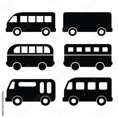 Set of different Bus front icon black vector on white background