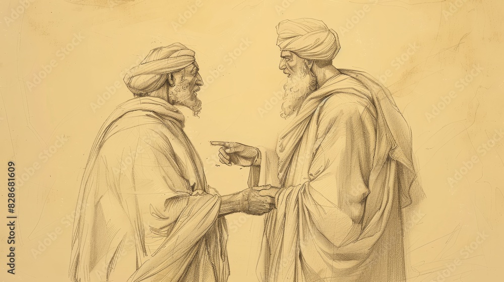 Philip Meets Ethiopian Eunuch, Explains Isaiah’s Prophecy, Biblical Illustration, Beige Background, Copyspace Philip Meets Ethiopian Eunuch, Explains Isaiah’s Prophecy, Biblical Illustration, Beige Background, Copyspace
