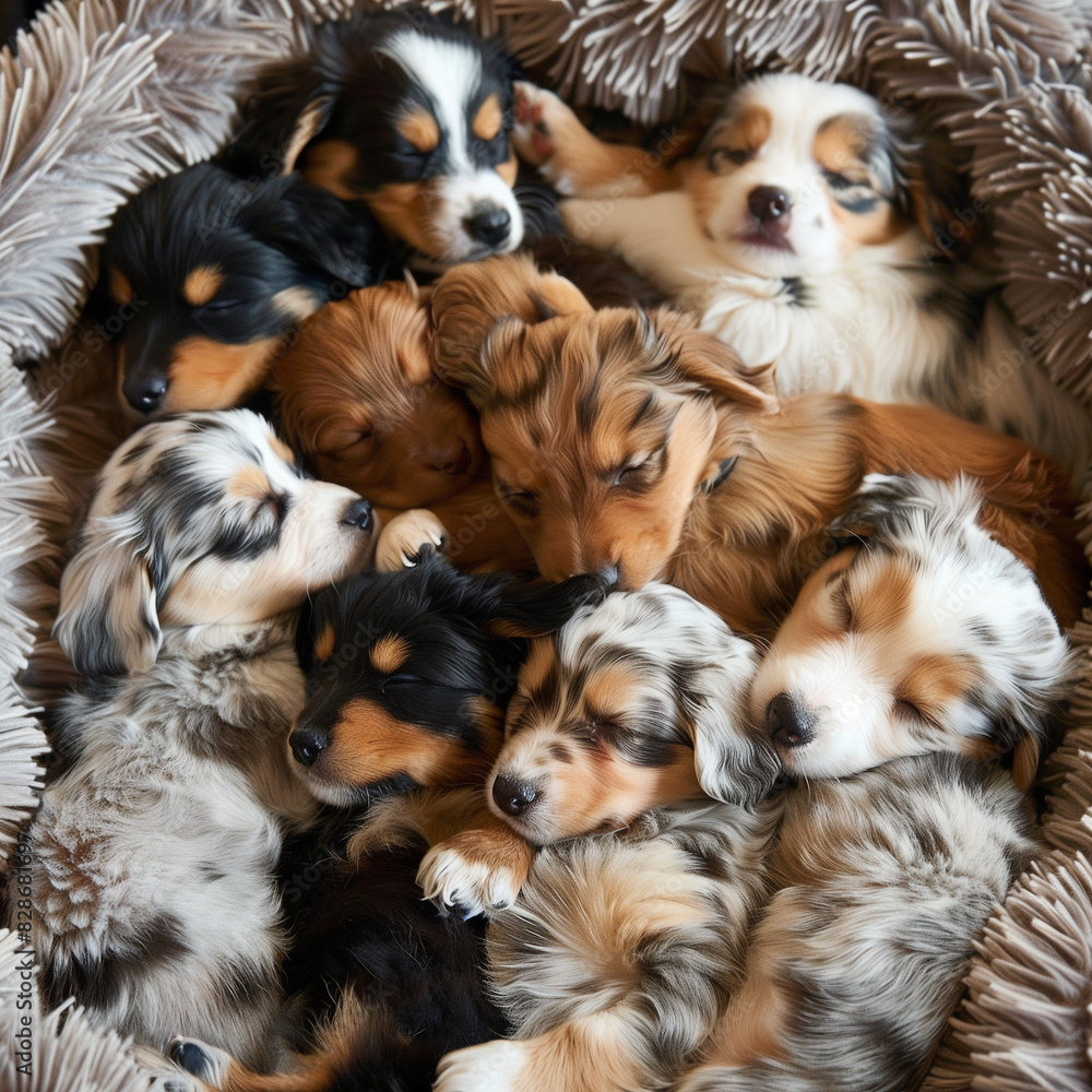 A litter of various breed puppies napping together on a plush dog bed, showcasing their different fur colors and patterns