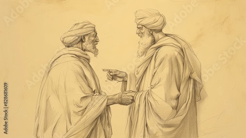 Philip Meets Ethiopian Eunuch, Explains Isaiah’s Prophecy, Biblical Illustration, Beige Background, Copyspace