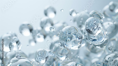 A cluster of glass spheres representing water molecules, floating in midair against a white background. The spheres have reflective surfaces that catch light to highlight their intricate structures. T photo